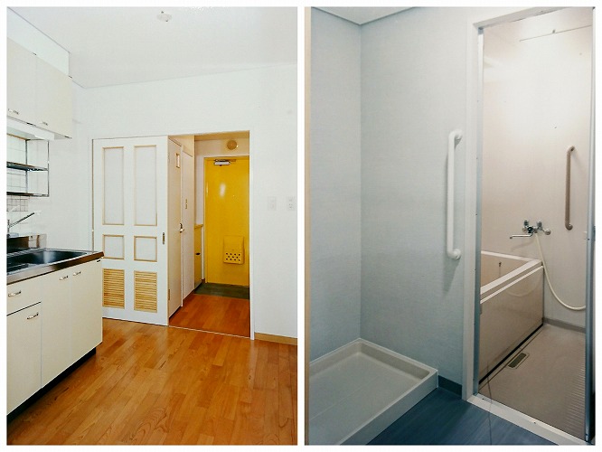 住居内1　左：台所および玄関　右：洗面・脱衣室および浴室
